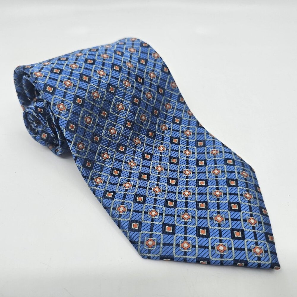 Aurelio Valentino 100% Silk Mens Necktie Wide Tie Blue Woven Geometric Italy